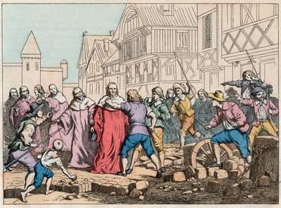 La Fronde（1648年8月27日）-パリのバリケード：議会議長マチュー・モール（1584-1656）を脅かすローターボーイ-反乱軍に手を焼かれるモール議長-「Nos Gires Nationales - Images et reci」に掲載されている19世紀末のエングレーヴィング。 作： French School