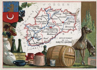 フランス、フランシュ・コンテ（Franche Comte）のLa Haute-Saone（Haute Saone、70）。小麦粉、リュクスイユ・ミネラレス、キルシュワッサー（キルシュ）。フランスのデパートメントに関するシリーズ。クロモリ（Chromo）「地理的な糸」、1920年頃。個人のコレクション。 作： French School