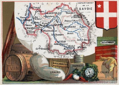 ラ・サヴォワ（73）、ローヌ・アルプ（Rhone Alpes）、フランス。フランスの各県のシリーズ。地方の特産品：クルミ油、ワイン、穀物、キルシュワッサー（キルシュ）、チーズ、チャンベリー・ガーゼ、革。クロモリソグラフィー（Chromo）「地理的な糸」、1920年頃。P 作： French School