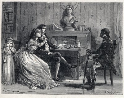 フランス革命時のラ・テールール。投獄されていたカミーユ・デムーラン（1760-1794）は、妻のルシエル（1770-1794）と牧童のギヨーム・ブリュン（1763-1815）の訪問を受けた。 作： French School