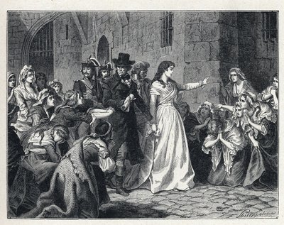 フランス革命時のラ・テレール。マダム・ジャンヌ・マリー・ロラン・ド・ラ・プラティエール（1754-1793）は、1793年に革命裁判所に出頭するためにコンシェルジュ監獄を出る。その行く手に跪く彼のコデットたち。 作： French School