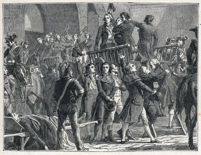 フランセーズ革命時のラ・テールール。死刑を宣告されたジロンダンたちが愛国歌を歌いながらスカッフォーに向かう 作： French School