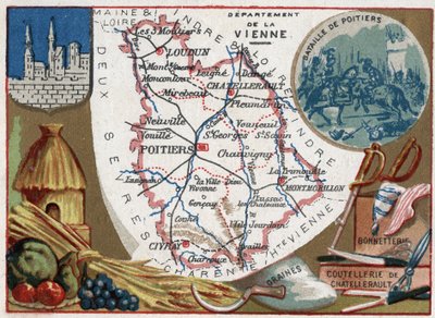 フランス、ポワトゥー・シャラント（Poitou-Charentes）地方のラ・ヴィエンヌ（86）。種子、シャトレーゼのカトラリーとメリヤス。フランスのデパートメントに関するシリーズ。クロモリ（Chromo）「地理的な糸」、1920年頃。個人のコレクション。 作： French School