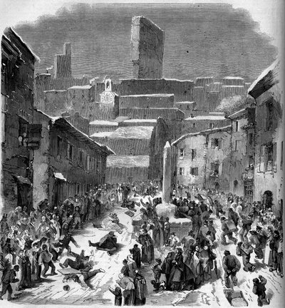 La glissade en barriots (sledding) à Bourdeaux, Drome (26), winter 1860.1860年2月18日付「Le Monde Illustré」149号に掲載されたエングレーヴィング。 作： French School
