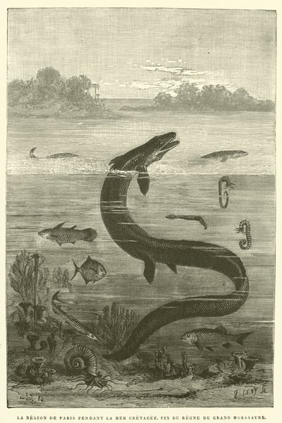 白亜紀海のパリ地方、大モササウルスの支配の終わり（彫刻 作： French School