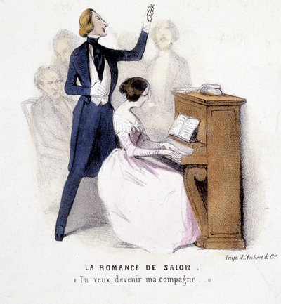 サロンのロマンス：男性の歌声に女性がピアノを伴奏する、ロンセー作、1845年頃。 作： French School