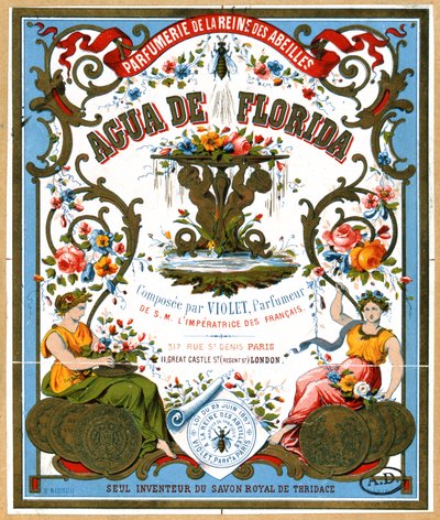 香水ショップLa Reine des Abeilles、パリ、19世紀後半のアクアデフロリダ香水を宣伝するラベル 作： French School