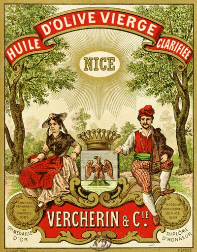 Vercherinエキストラバージンオリーブオイルのラベル、1885-90年 作： French School