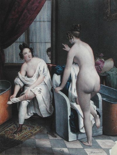風呂に入る女性たち」1840年頃（カラーリトグラフ） 作： French School