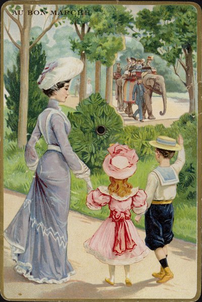 象に乗って手を振る女性と子供 作： French School