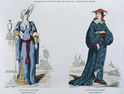 チャールズ8世（1470-98）の治世下の1498年の女性、チャールズ6世（1380-1422）の治世下の1395年の貴婦人、何世紀にもわたってフランスの民俗および軍事衣装から（カラーlith 作： French School