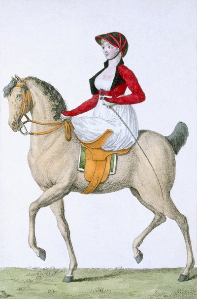 1798年のJournal des Dames et des Modesに掲載されたコスチュームパリジャンのレディライディングサイドサドル 作： French School