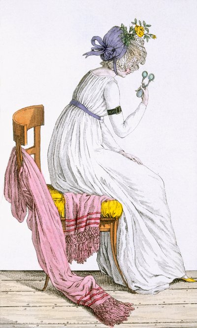 Journal des Dames et des Modes、1797に掲載された衣装Parisienのネグリジェを身に着けている女性 作： French School