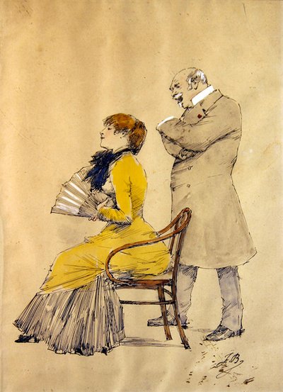 扇子を持つ女性と紳士（水彩、鉛筆、ガッシュ、紙） 作： French School