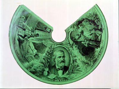 ジュゼッペヴェルディの肖像画（1813-1901）とオセロと運命の力（紙に彫刻）のシーンで飾られたランプシェード 作： French School