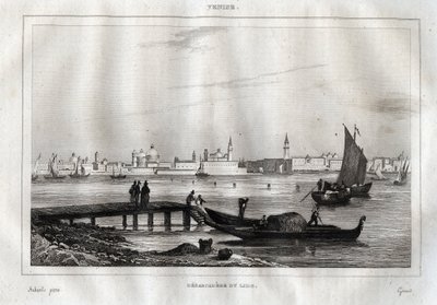 ヴェネツィアのリド島の船着き場 - M. de Norvins, Ch. Nodier 1834-1836による "Picturesque Italy "からのエングレーヴィング。 作： French School