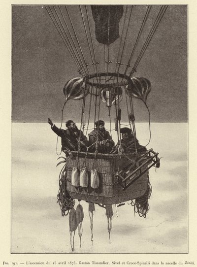 1875年4月15日の登頂、ゼニス社のゴンドラに乗ったガストン・ティサンディエ、シヴェル、クローチェ＝スピネリ（エングレービング 作： French School