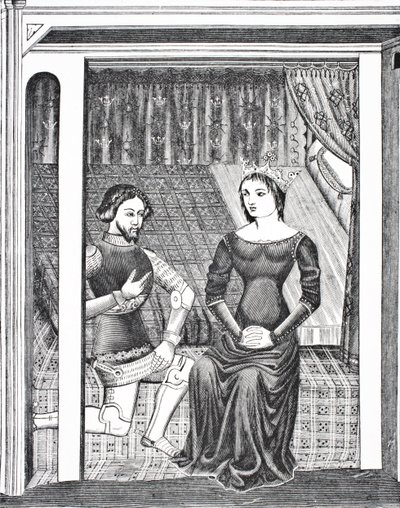 Launcelot ja Guinevere 1300-luvun käsikirjoituksen pienoismallin jälkeen Paul Lacroix -pubin Science and Literature in The Middle Ages -julkaisusta. Lontoo 1878 作： French School