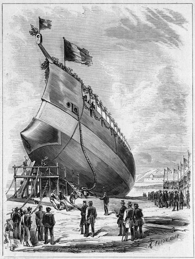 1872年5月7日、フィニステール県ブレスト港での装甲艦「ラ・ガリソニエール」の進水式（29）。1872年5月25日付 "Le Monde Illustré "789号に掲載されたエングレーヴィング。 作： French School