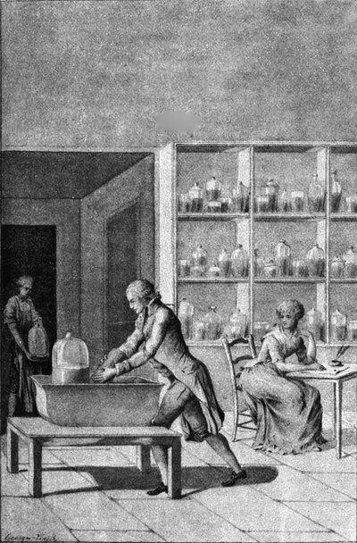 アーセナルにある彼の研究室で、18世紀の呼吸に関する実験を示しているLavoisier 作： French School