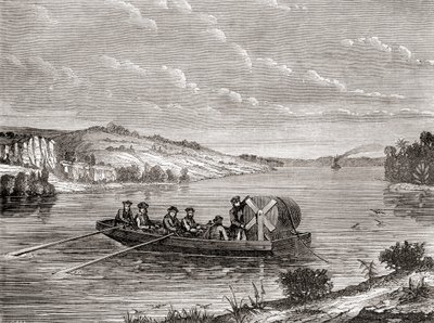 1860年頃、アメリカの川の下に敷設された電信ケーブル（1870年頃に出版された『Les Merveilles de la Science』より）（エングレーヴィング 作： French School