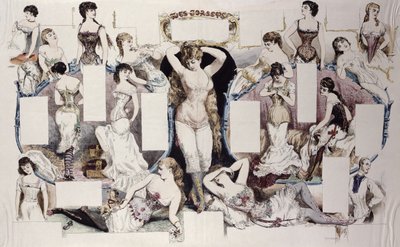 La Vie Parisienneの女性の下着に関する記事のレイアウトイラスト、c.1870 作： French School