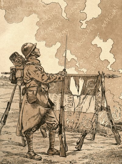 ル・ブルーエ。 第一次世界大戦の退役軍人と犠牲者のための、フランスの記憶と連帯の象徴。 第一次世界大戦のフランスのプロパガンダのイラストで、時代を超えたフランスの勝利を連想させます。 1917年に発行されたBuvard du Bon Marcheのアジェンダより。 作： French School