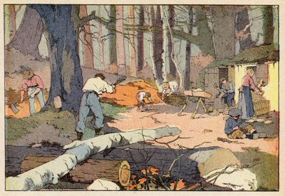 Le Bucheron, Le Sabotier, The Woodcutter, The Clog Maker (カラーリトグラフ) 作： French School