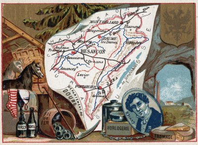 Le Doubs（25）、Franche Comte（フランシュ・コンテ）、フランス。フランスの古生物学者、ジョルジュ・キュヴィエ（1764-1832）の肖像。地域の特産品：キルシュ、ヨモギ、時計製造、ワイヤー、農業。フランスの各県を紹介するシリーズ。クロモリトグラフィー（クロモ）「その 作： French School