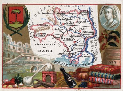 Le Gard (30), Languedoc-Roussillon (ラングドック・ルーション), フランス - 特産品：オー・ド・ヴィ（蒸留装置）、ワイン - Jean-Pierre-Claris (Jean Pierre Claris) de Florian (1755-1794) の肖像 - フランスの部門シリーズ - Chromoli 作： French School
