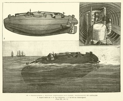 アメリカで実験された新型潜水艦魚雷艇「ピースキーパー」（版画 作： French School