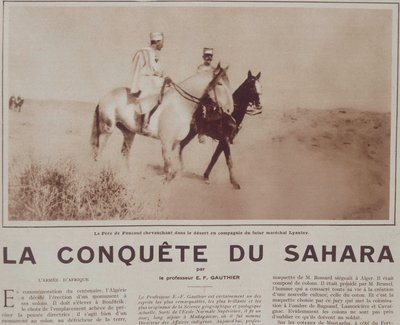 ル・ペール・ド・フーコー（1858-1916）が未来の牧童ユベール（Louis-Hubert-Gonzalve）・リャウティ（1854-1934）と砂漠で乗馬する様子-「Vu」1929年12月号掲載 作： French School