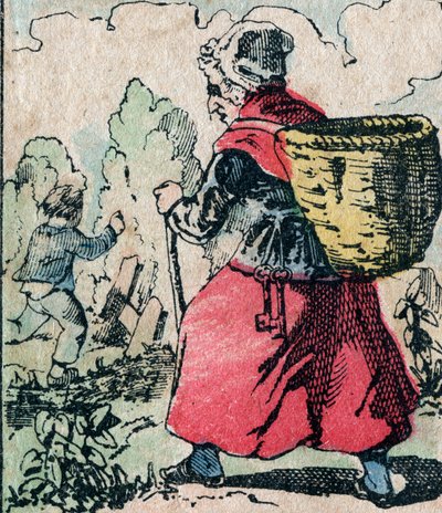 Le Pere Fouettard（フランス語で「鞭打ちの父」の意）は、いたずらっ子を懲らしめる伝説的な民話の人物で、その妻であるLa Mere Fouettardは、学校をさぼっている子供たちを追いかける鞭打ちの母である - Epinalの写真 作： French School