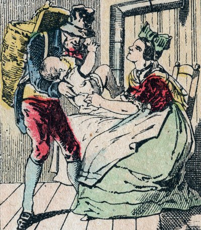 Le Pere Fouettard フランス語で「鞭打ちの父」を意味し、いたずらっ子を罰したり、言うことを聞かない子を囲ったりする伝説的な民話の人物、エピナルの絵 19世紀（エングレーヴィング）。 作： French School