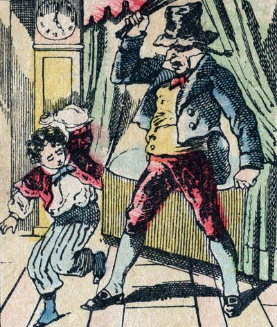 Le Pere Fouettard 愚かな子供を鞭で罰したり、言うことを聞かない子供を囲ったりする伝説的な民話のキャラクター、エピナルのイメージ。 作： French School