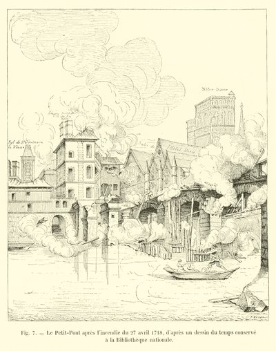 1718年4月27日の火事後、ビブリオテークナショナルで時間を過ごしたプチポン 作： French School