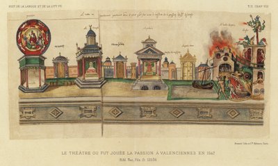 1547年にヴァランシエンヌで受難が演じられた劇場（カラーリトグラフ 作： French School