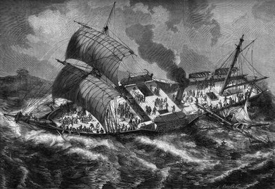 フランスの戦艦「ヴォーバン」は、嵐の中でマストを失った。 作： French School