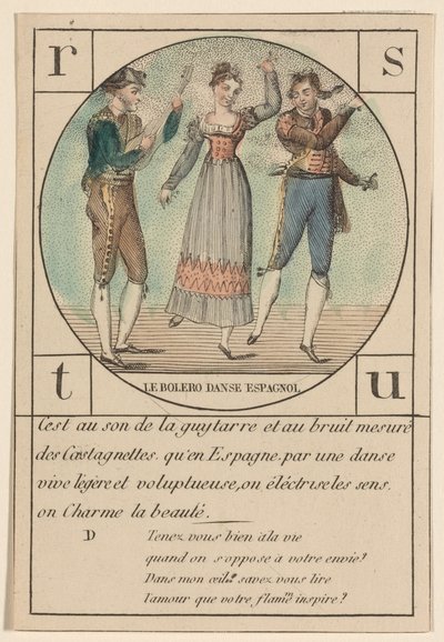 「ボレロ、スパニッシュダンス」、一連のアルファベットカード、c.1810-19 作： French School