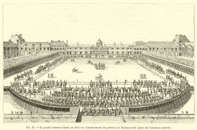 大きなカルーセルは1662年にマドモアゼルパルテールの場所、現在はカルーセル広場を見下ろしています。 作： French School