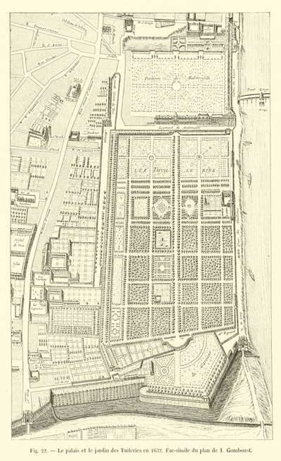 1632年の宮殿とチュイルリー庭園、I Gomboustによる計画の複製 作： French School