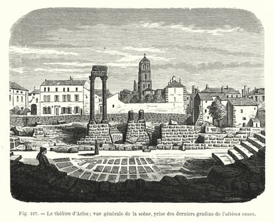 アルルの劇場、最後の階段から見た全景（エングレーヴィング 作： French School