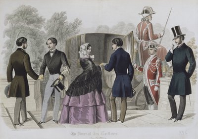 タクシーに乗るために出発、1856年のLe Journal des Tailleursのイラスト（カラー彫刻） 作： French School