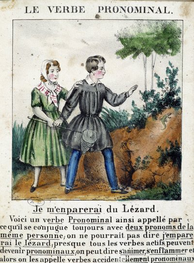 ルコンの代名動詞について。La grammaire en images", リーフレット・アルバム, 1850年頃に収録。 作： French School