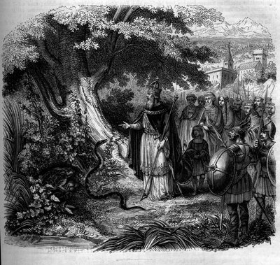 シャルルマーニュと蛇の伝説：ヒキガエルに占拠された蛇の巣の前にいる皇帝。1852年のエングレーヴィング。 作： French School