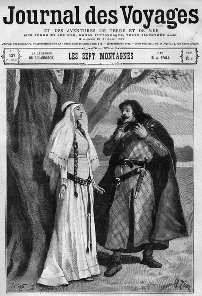 ローランデックの伝説。婚約者であるローランドの死を知り、痛みを黙殺するヒルデゴンド。ローランの歌」のドイツ語版。7月16日付「Journal des Voyages」に掲載されたエングレーヴィング 作： French School