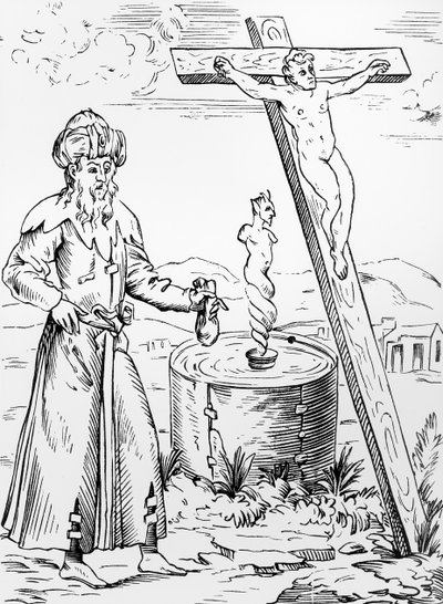 1560年に出版されたピエールボアシュトゥアウの歴史家プロディジューの木版画の後、血の器から悪魔を呼ぶユダヤ人の伝説 作： French School