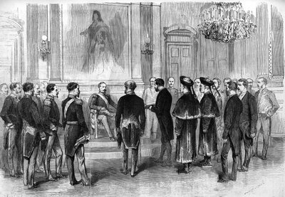 皇帝ナポレオン3世(1808-1873)が中国の大使と通訳をパリのチュイルリーサロンに迎える 作： French School