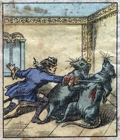 ブロブディンナグの巨人の国でネズミと戦うレミュエル・ガリバー。ジョナサン・スウィフト（1667-1745）の『ガリバー旅行記』の挿絵。19世紀後半のエピナル画像。 作： French School