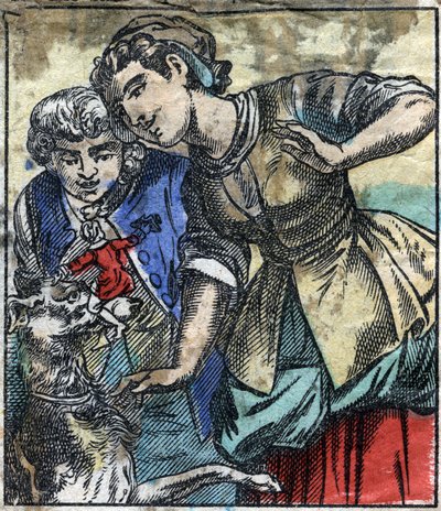 ブロブディンナグの巨人の国でのレミュエル・ガリヴァー。ジョナサン・スウィフト（1667-1745）の『ガリバー旅行記』の挿絵。19世紀後半のエピナル画像。 作： French School